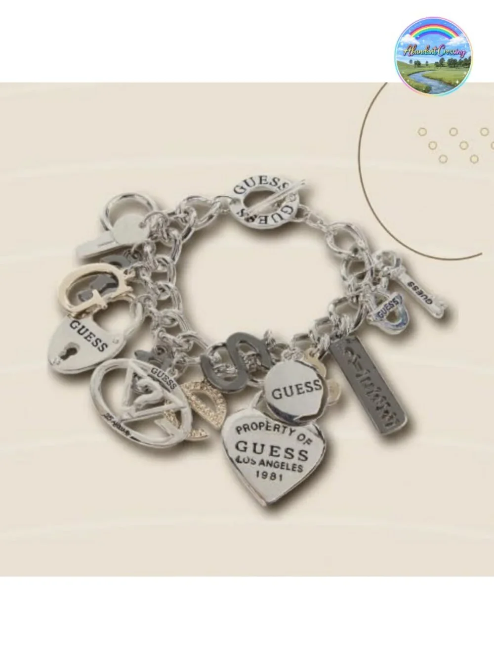 GUESS Logo Mixed Metal Link Charm Bracelet Toggle Clasp Silver Hematite